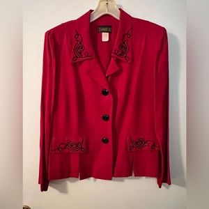 Bright red, short jacket, beaded in black
